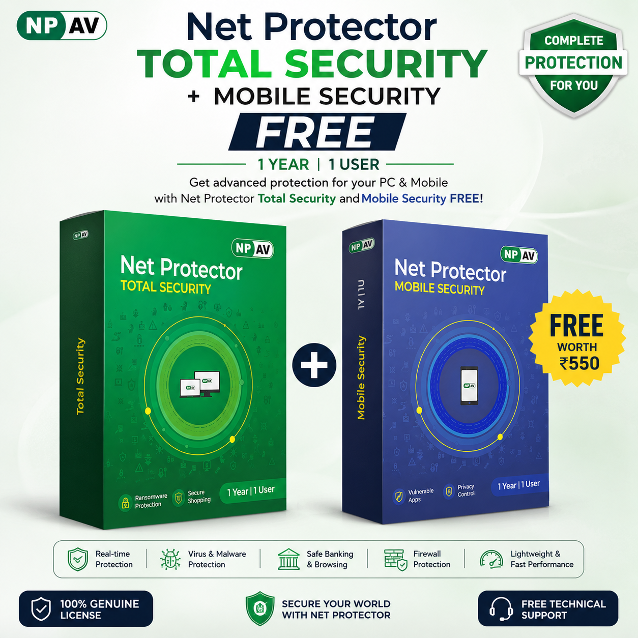 Net Protector Antivirus - Total Security 2026 | Windows PC/Laptop | 1 Year - 1 PC (Email Delivery only No CD) 1 year  mobile antivirus free